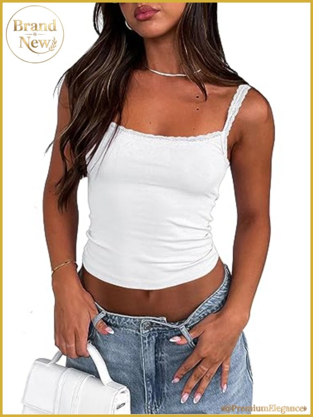 Y2K Sleeveless Lace Trim Ribbed Camisole Tank Top Spaghetti Strap